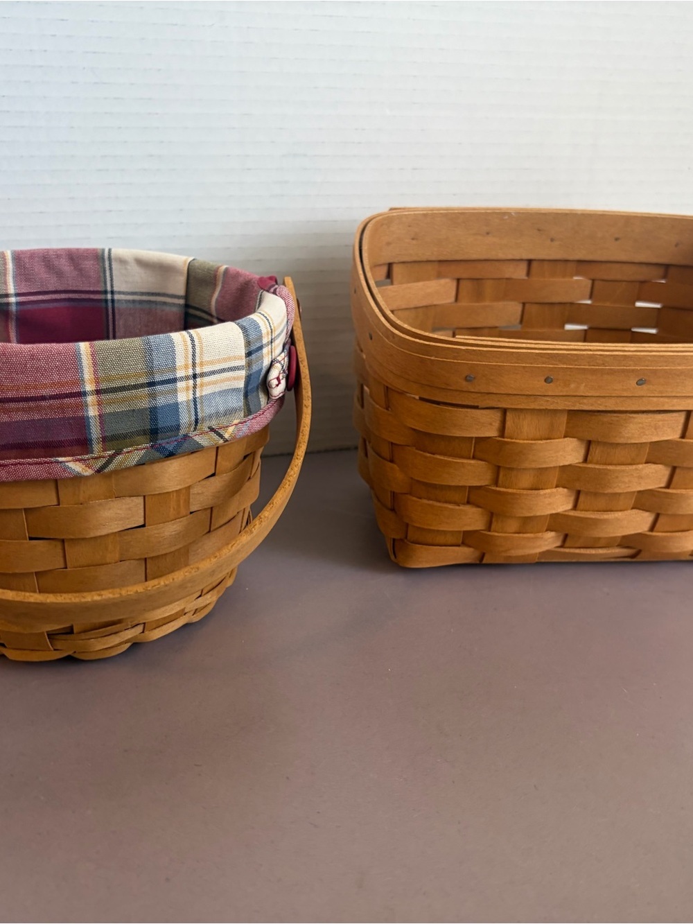 Longaberger Woven Basket Pair with Plaid Liner - Brown & Multicolor